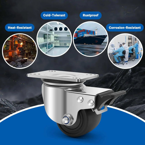 304 stainless steel heavy duty caster wheels with 2.5 inch swivel plate design, showcasing heat-resistant and rustproof features.