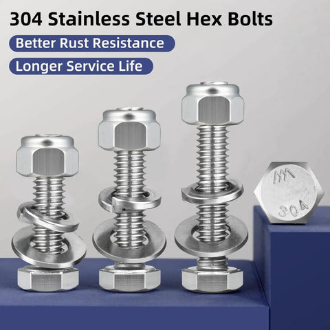 3/8-16 X 2 Inch Hex Bolts Kit With Lock Nuts Flat Washers And Lock Washers In 304 Stainless Steel 18-8 shown stacked