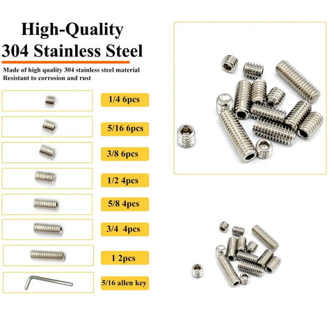 32 Piece Hex Socket Set Screws Assortment Kit 5/16-18 Thread 304 Stainless Steel Cup Point Grub Screws, Seven Lengths, corrosion-resistant