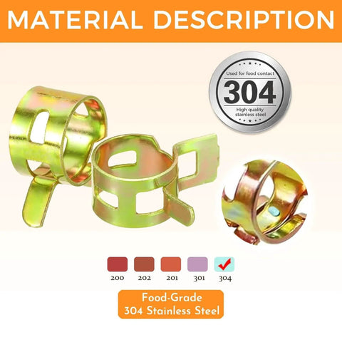90 Pcs Spring Hose Clamps Assortment Kit With Eight Sizes 6 To 16 Mm Leakproof Fuel Line Clamps For Motorcycle Automotive Marine And Lawn Mower Spring Loaded Clip Straps For Secure Seals, showing stainless steel material description.