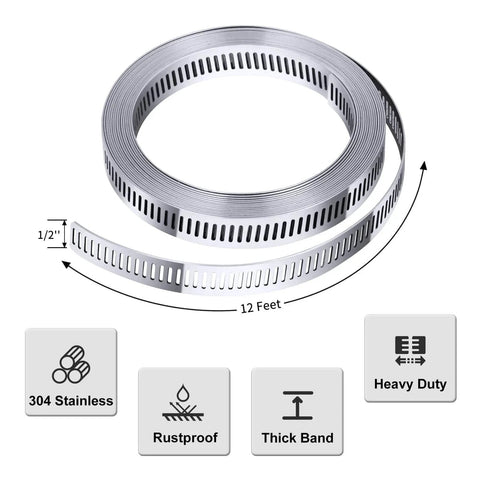 304 Stainless Steel Hose Clamp Assortment Kit DIY Cut To Fit 12 Ft Metal Strap And 8 Stronger Fasteners, stainless steel strap