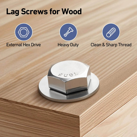 23 Sets 5/16 x 1-1/4 Hex Head Lag Screws with Flat Washers, 304 Stainless Steel for heavy duty wood projects, close-up view.
