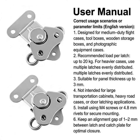 Sturdy 304 stainless steel latch set with a compact 2x1.5 inch footprint, four-pack for secure lid closure on cases, front view.
