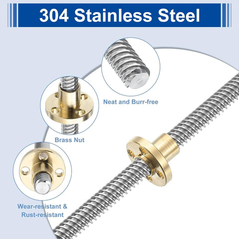 2pcs 370mm tr8x4 lead screw with brass nut, 304 stainless steel, acme thread, 2mm pitch, 2 starts, 4mm lead, printer upgrade