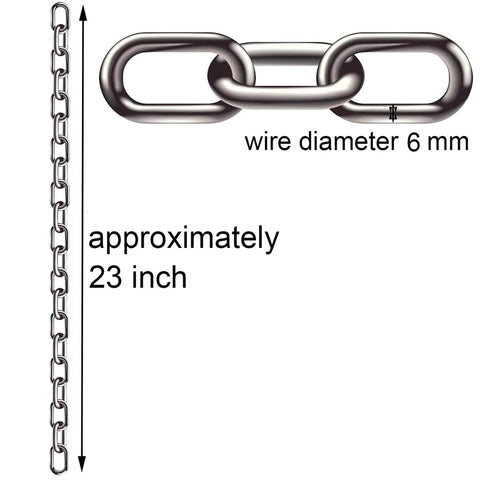 Illustration of ✝️ 2 Pcs 1/4 x 23 inch Link Chain 304 Stainless Steel Coil Chain with a 6mm wire diameter, showing chain length and link design.