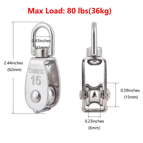 ✝️ 6Pcs 304 Stainless Steel M15 Single Pulley Block with specifications and dimensions for lifting and rigging systems