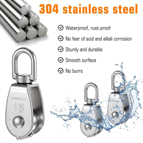 Small Pulley, 3 Pack M15 Cable Pulley, 304 Stainless Steel Pulleyblock showing waterproof and rust-proof features.