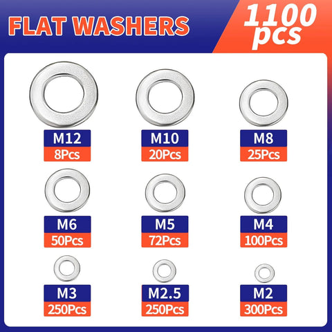 1100 Pcs Flat Washers Assortment Kit – 304 Stainless Steel, 9 Metric Sizes (M2–M12), image showing count and sizes