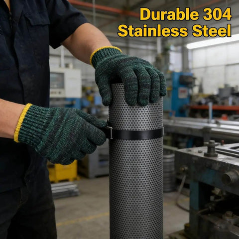 Worker handling Durable 304 Stainless Steel Perforated Sheet With 0.06 Inch Holes And 0.02 Inch Thickness Measures 9.5 Inches Wide By 39 Inches Long