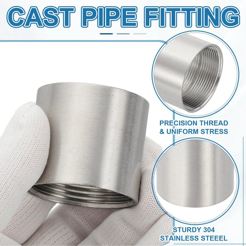 Stainless steel pipe coupling, 2x2 inch, female BSPT threads, silver cast fitting