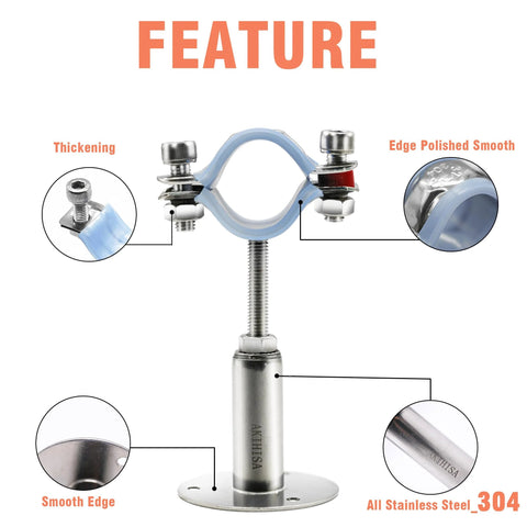 AKIHISA 2-pc stainless steel pipe supports with wall/ceiling clamp for 25–27 mm OD pipes, adjustable 100–200 mm.