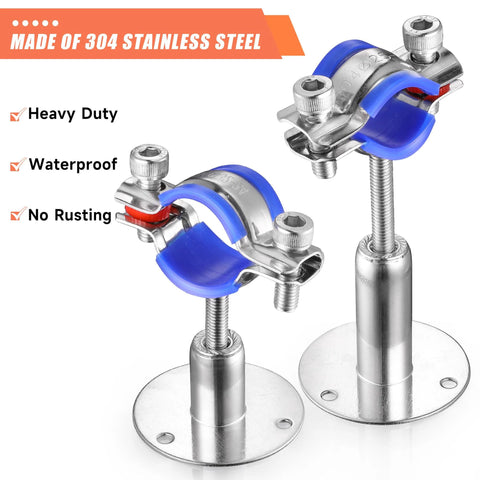 WYSIWYKA 304 stainless steel pipe clamps with blue inserts; wall mount for 38–40mm OD pipes, adjustable 30–50mm (6 pcs)