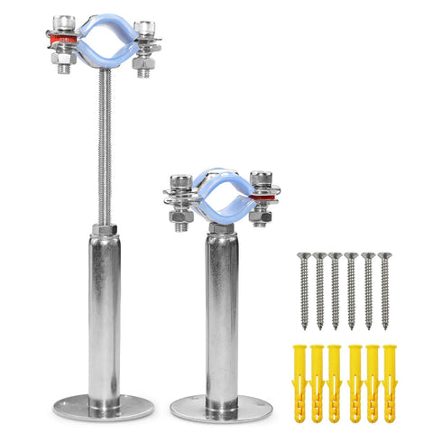 AKIHISA 2-Pc stainless steel pipe supports with wall/ceiling clamps for 25–27mm OD pipes; includes screws and anchors.