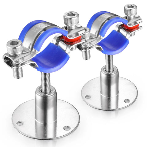 Two 304 stainless steel pipe clamp supports with blue liners mounted on round flange bases for 38–40mm OD pipes