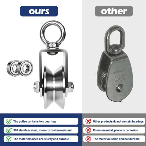 Comparison of 304 Stainless Steel Cable Pulley Wheel with Swivel Ball Bearings and common metal pulley, highlighting material and durability differences.