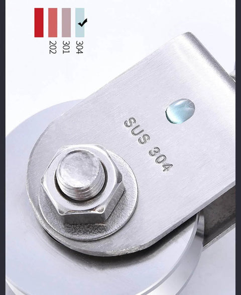 Close-up of 304 stainless steel pulley wheel, showing bolt and screw, part of 2pcs heavy duty sheaves track pulley system.