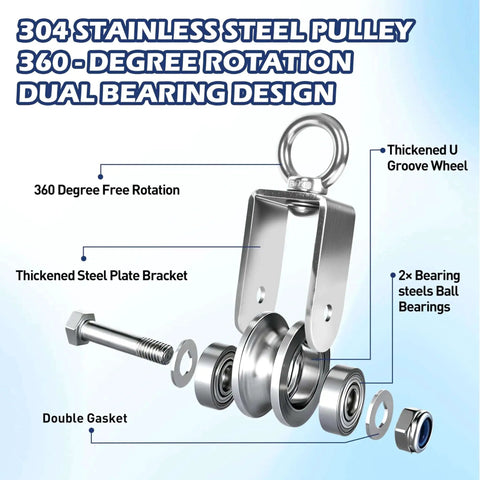 304 Stainless Steel Cable Pulley Wheel with Swivel Ball Bearings, U Groove 48mm, Detachable 360 Degree Rotation diagram