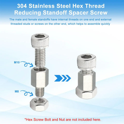304 Stainless Steel Hex Thread Reducing Standoff Spacer Screw with M8 and M10 Hex Heads