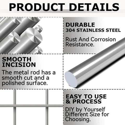 Product details for Premium Stainless Steel Round Rods 2mm By 400mm Set Of 10 showing durability and smooth cut.
