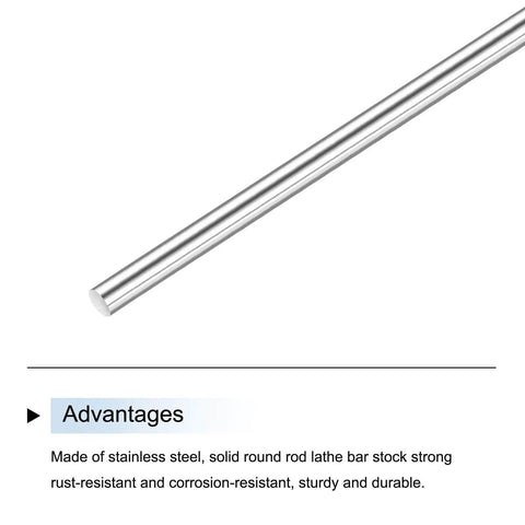Durable 304 Stainless Steel Solid Round Rods Set For DIY Lathe Projects, one rod pictured, silver finish, smooth surface, side view.