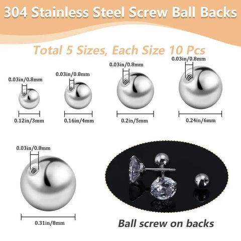 5 Size Set Of Screw Ball Backings For Threaded Posts 304 Stainless Steel Round Earring Backs Metal Ear Nuts Replacement 19/20 Gauge For Stud Earrings And Jewelry Making Supplies For Diy Projects