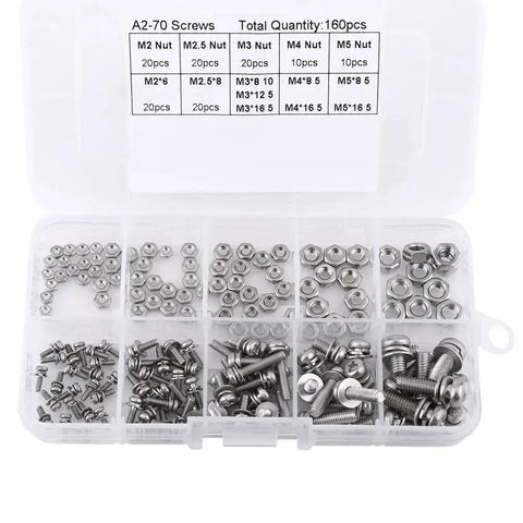 304 Grade Stainless Steel Screw And Nut Kit With 160 Pieces M2 M2.5 M3 M4 M5 Assortment in Storage Box