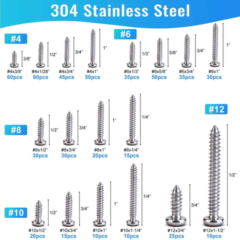 550 Pcs 304 Stainless Steel Wood Screws Assortment with #4 #6 #8 #10 #12 Phillips Pan Head, 18 sizes displayed.