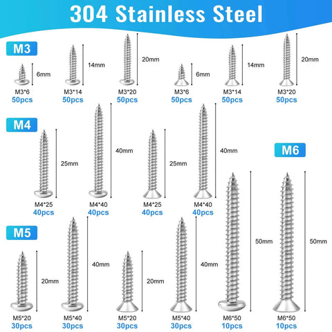 600 Pcs M3 M4 M5 M6 Stainless Steel Wood Screws Assortment Kit with 16 Sizes showing sizes 6mm to 50mm for various projects.