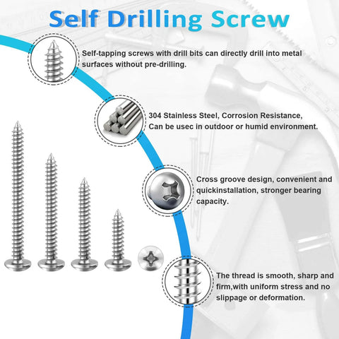 200 Pcs #8 Wood Screws Assortment Kit Made from 304 Stainless Steel Featuring Pan Head Self Tapping Sheet Metal Screws in 6 Lengths from 1/2 to 2 Inches with Screwdriver Bit for Wood Metal and Plastic, showing various screw designs.