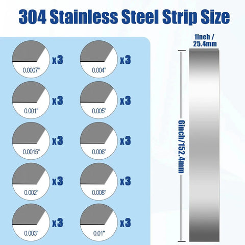 Illustration of 30 Piece Pro Grade Shim Stock Assortment In 304 Stainless Steel Strips 1 Inch Wide By 6 Inch Long Thicknesses From 0.0007 To 0.01 Inch Across Ten Sizes For Precision Machining Welding And Assembly Durable Metal Shims For Quick Fine Tuning And Calibration showing labeled thicknesses