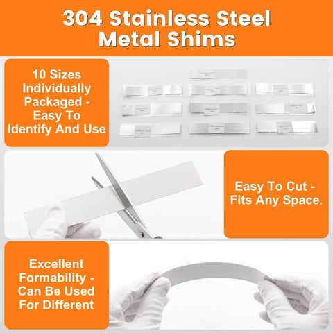 30 Piece Shim Stock Assortment Pack 1 Inch Wide By 6 Inch Long Stainless Steel 304 Shims displayed with cutting and bending examples