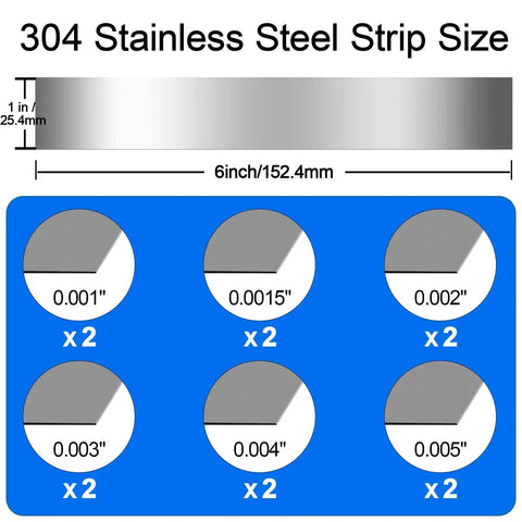 Image showing 304 stainless steel strip sizes, 1x6 inch, in thicknesses 0.001, 0.0015, 0.002, 0.003, 0.004, 0.005 inches, part of 12 Piece 304 Stainless Steel Shim Stock Set With 1 Inch Wide By 6 Inch Long Shims In Thicknesses 0.001 0.0015 0.002 0.003 0.004 0.005 Inch For Precise Fits Easy Machining And Rust Resistant Gasket Or Fabrication Projects.