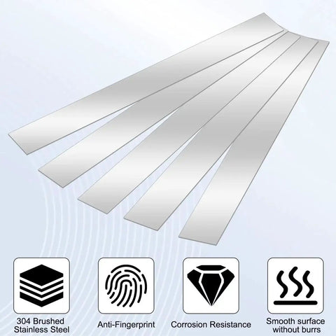 10 Pcs 12 Inch Stainless Steel Shim Stock Strips 0.02 Inch Thick 1 Inch Wide 304 Stainless Steel Gap Filler Thin Flat Metal Shims For Machinery DIY Projects Rust Resistant Built To Last displaying five slim, shiny metal strips with icons highlighting 304 stainless steel, anti-fingerprint, corrosion resistance, and smooth surface without burrs features.