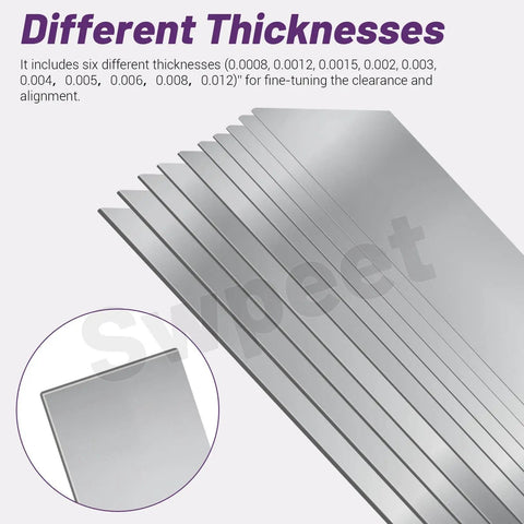 Stack of stainless steel shims in various thicknesses, Ten Piece 304 Stainless Steel Shim Stock Kit 1 Inch Wide By 6 Inch Long By 0.002 Inch Thick Thin Metal Shims For Gap Filler Cabinet Leveling Precision Spacers Craft Making Swpeet