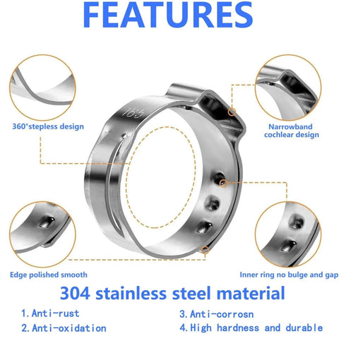 Fifty Pieces Stainless Steel 304 Single Ear Hose Clamps For Hoses From 10.8 To 13.3 Mm showing features and material.