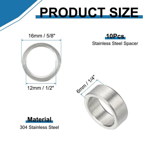 304 Stainless Steel Spacer Set 10 Pcs Round Metal Spacer 1/2 Inch Bore By 5/8 Inch OD By 1/4 Inch Length Unthreaded Screw Standoff For 3/8 Inch Screws Bolts And Rods