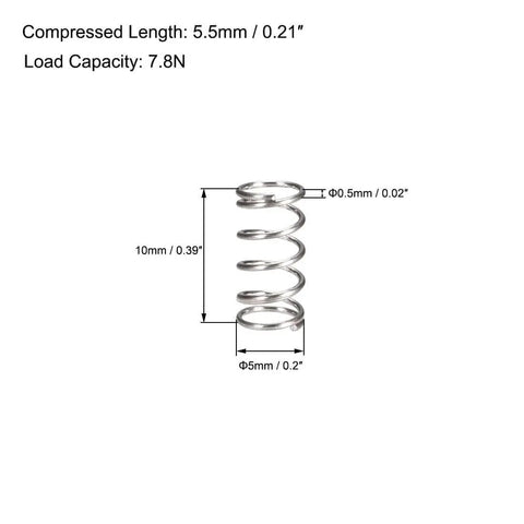 304 Stainless Steel Compression Spring 5mm Outer Diameter 0.5mm Wire Diameter 5.5mm Compressed Length 10mm Free Length 7.8N Load Capacity