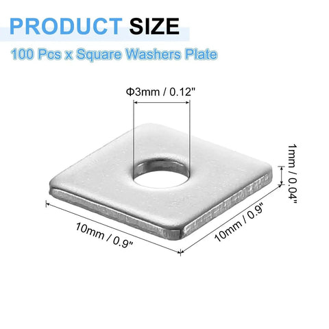 304 Stainless Square Plate Washers for 1/8 Inch Bolts, 100 Pcs Per Pack, 10x10x1mm with 3mm Inner Diameter, dimensions shown