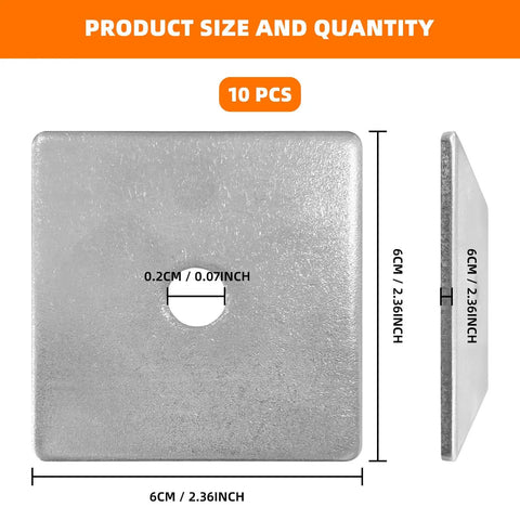 Front and side view of premium 304 stainless steel square washer plates, 2.4 inch outer diameter, 3 mm thick, 3/8 inch bore.