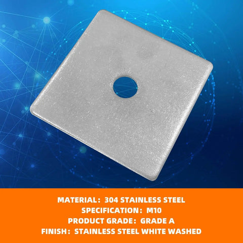 Premium 304 stainless steel square washer plates, 2.4 inch outer diameter, 3 mm thick, on blue background with specs displayed