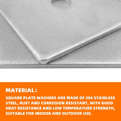 Close-up of Premium 304 stainless steel square washer plates, 2.4 inch outer diameter, 3 mm thick, 3/8 inch bore for load distribution.