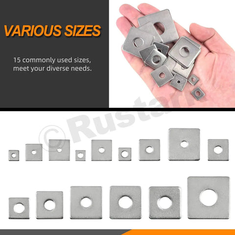 Protect fasteners with even load distribution using this 304 stainless steel square plate washers set, 100 pieces in 15 sizes