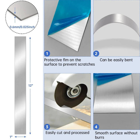 10 Pcs 304 Stainless Steel Strips 12 Inch By 1 Inch 0.02 Inch Thick Brushed Gap Filler Trim Strip Shim Stock For Kitchen Gap Filling DIY Craft Making Bendable Cuttable Metal Shims For Repairs And Projects showing bending, cutting, and protective film details