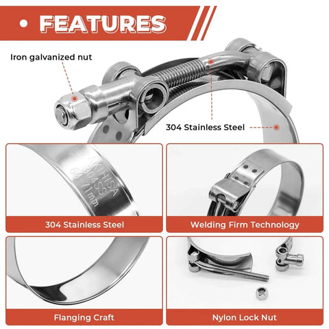 Image displaying 6 Pack 1 Inch T Bolt Hose Clamps Stainless Steel 304 Heavy Duty Leak Proof Clamp Set Fits 32mm To 37mm Band Range For 1 Inch Hose Id Turbo Intake Intercooler Applications In Automotive with detailed features like iron galvanized nut, 304 stainless steel, welding technology, flanging craft, and nylon lock nut.