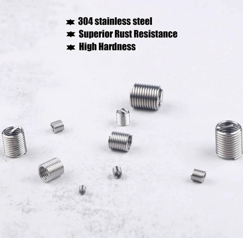 Rugged 304 Stainless Steel Helical Thread Repair Kit With 200 Piece Assortment showing stainless steel inserts on white background
