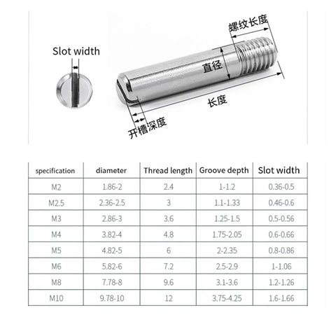 Diagram of 304 Stainless Steel Male To Female Threaded Locating Pins with measurements and size chart