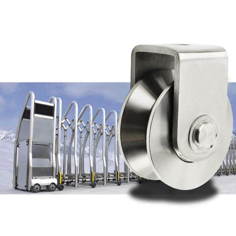Pulley,Pulley Wheel, 2pcs Heavy Duty Track Pulley,304 Stainless Steel Translation Directional Roller,for Round Tube,Wire Rope Rail, Sliding Door,Industry Mechanical Cart(25 mm) shown close-up, with metal frame backdrop, highlighting smooth industrial design.