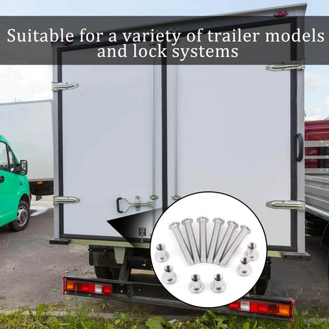 Secure trailers with a 12 piece 304 stainless steel hex socket hasp set showing bolts and nuts, trailer door in background