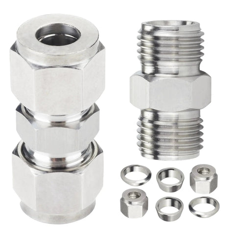 304 Stainless Steel Compression Tube Fitting Union With Double Ferrule 8mm Tube OD To 8mm Tube OD Set Of 2, components shown