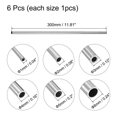 Set of 6 tubes with 1mm to 6mm OD, 304 Stainless Steel Tube, 1mm 2mm 3mm 4mm 5mm 6mm OD 0.15mm/0.6mm Wall Thickness 300mm Length, Pack of 6